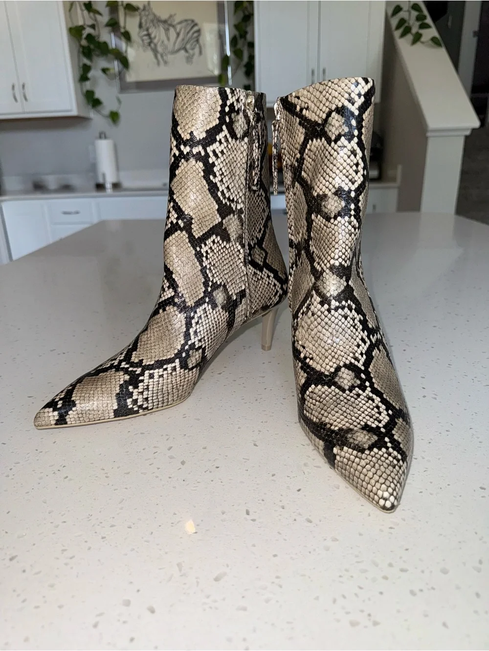 H&M Beige and Black Snake-Print Pointed Ankle Boots